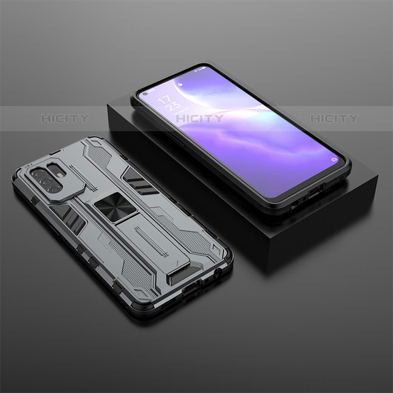 Silikon Hülle Handyhülle und Kunststoff Schutzhülle Hartschalen Tasche mit Magnetisch Ständer T02 für Oppo F19 Pro+ Plus 5G Grau