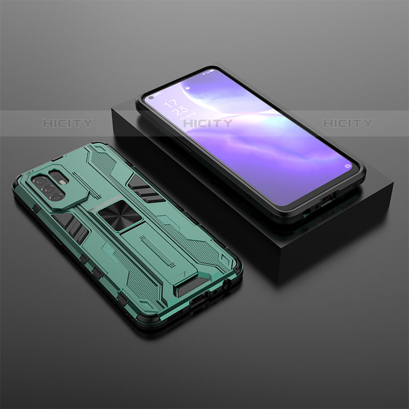 Silikon Hülle Handyhülle und Kunststoff Schutzhülle Hartschalen Tasche mit Magnetisch Ständer T02 für Oppo F19 Pro+ Plus 5G Grün Plus