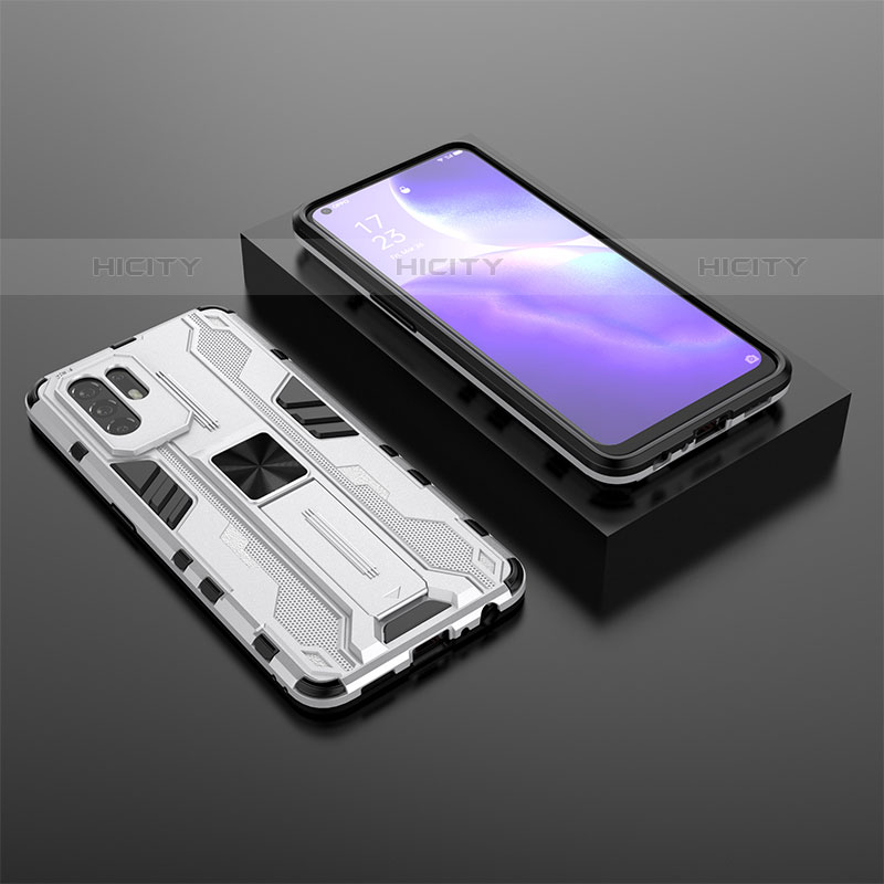 Silikon Hülle Handyhülle und Kunststoff Schutzhülle Hartschalen Tasche mit Magnetisch Ständer T02 für Oppo F19 Pro+ Plus 5G Weiß