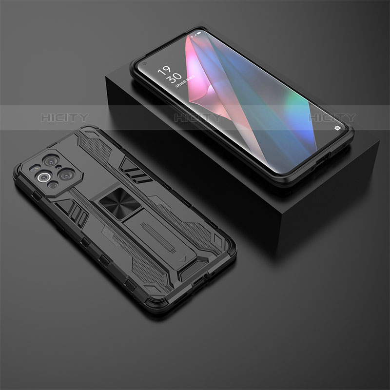 Silikon Hülle Handyhülle und Kunststoff Schutzhülle Hartschalen Tasche mit Magnetisch Ständer T02 für Oppo Find X3 Pro 5G Schwarz Plus