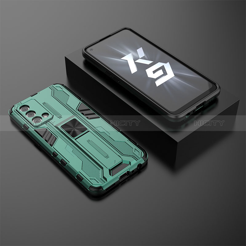 Silikon Hülle Handyhülle und Kunststoff Schutzhülle Hartschalen Tasche mit Magnetisch Ständer T02 für Oppo K9 5G Grün