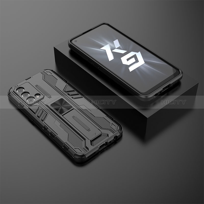 Silikon Hülle Handyhülle und Kunststoff Schutzhülle Hartschalen Tasche mit Magnetisch Ständer T02 für Oppo K9 5G Schwarz