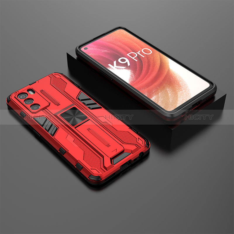 Silikon Hülle Handyhülle und Kunststoff Schutzhülle Hartschalen Tasche mit Magnetisch Ständer T02 für Oppo K9 Pro 5G Rot