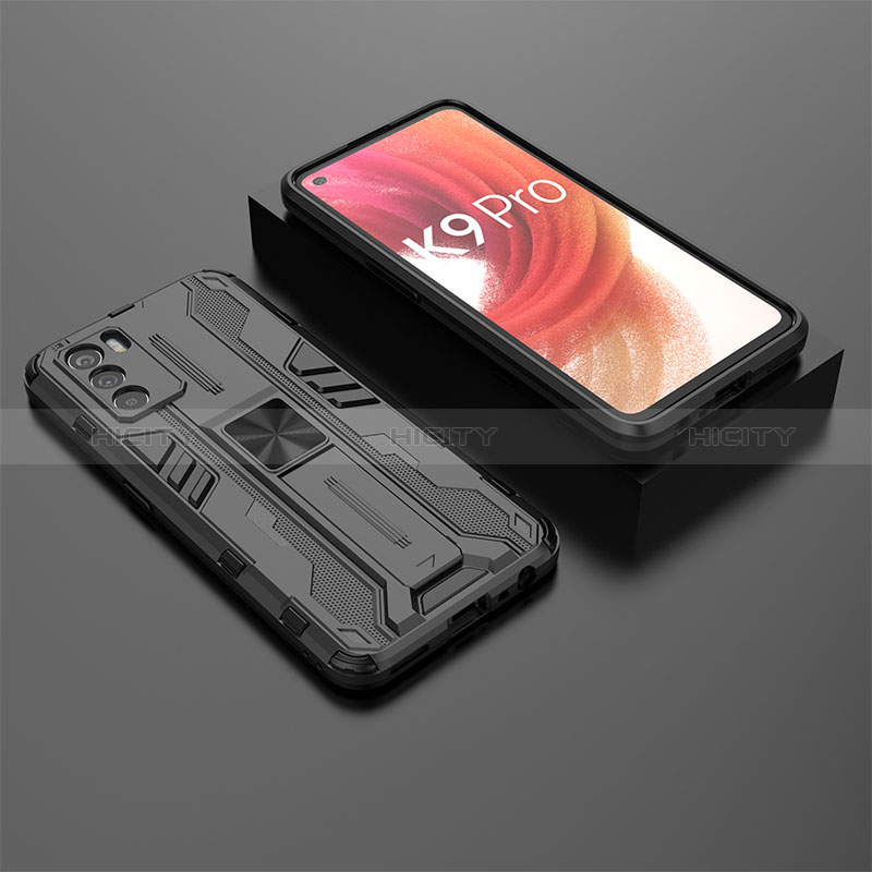 Silikon Hülle Handyhülle und Kunststoff Schutzhülle Hartschalen Tasche mit Magnetisch Ständer T02 für Oppo K9 Pro 5G Schwarz