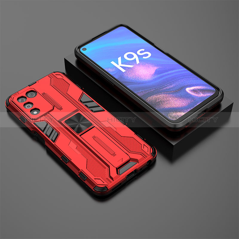 Silikon Hülle Handyhülle und Kunststoff Schutzhülle Hartschalen Tasche mit Magnetisch Ständer T02 für Oppo K9S 5G Rot Plus