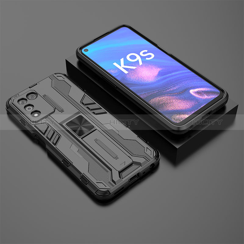 Silikon Hülle Handyhülle und Kunststoff Schutzhülle Hartschalen Tasche mit Magnetisch Ständer T02 für Oppo K9S 5G Schwarz