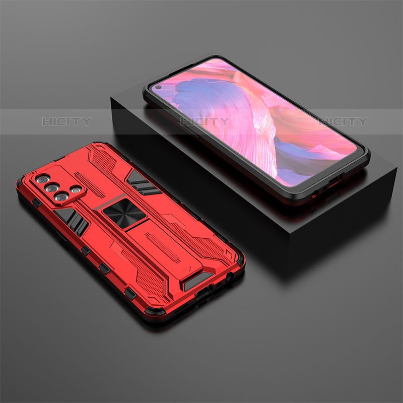 Silikon Hülle Handyhülle und Kunststoff Schutzhülle Hartschalen Tasche mit Magnetisch Ständer T02 für Oppo Reno6 Lite Rot