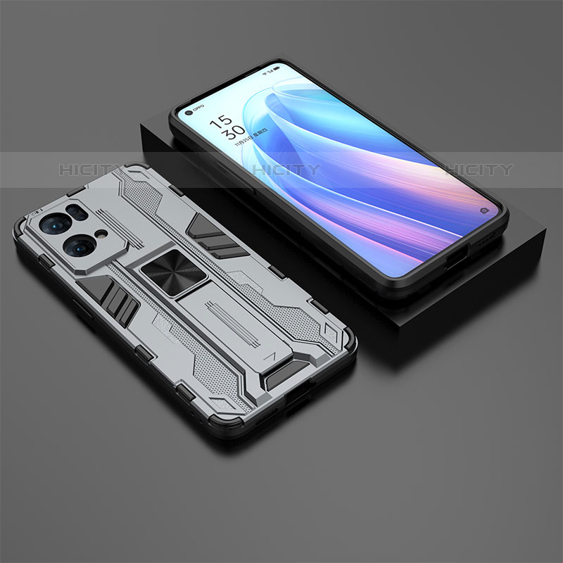 Silikon Hülle Handyhülle und Kunststoff Schutzhülle Hartschalen Tasche mit Magnetisch Ständer T02 für Oppo Reno7 Pro 5G Grau