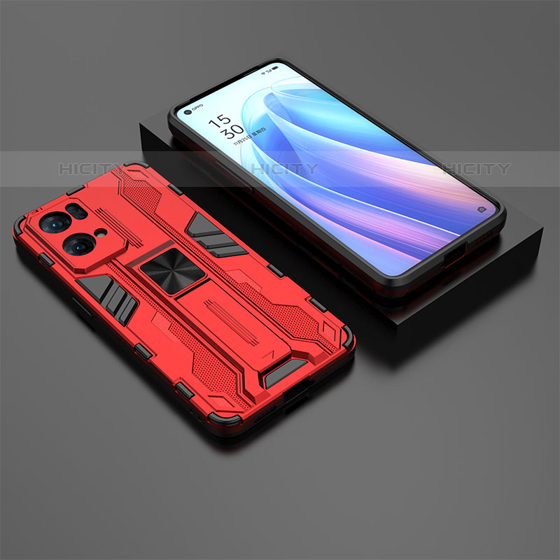 Silikon Hülle Handyhülle und Kunststoff Schutzhülle Hartschalen Tasche mit Magnetisch Ständer T02 für Oppo Reno7 Pro 5G Rot