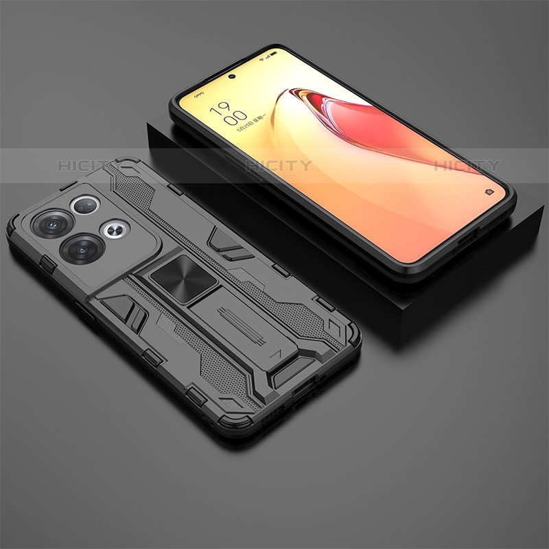 Silikon Hülle Handyhülle und Kunststoff Schutzhülle Hartschalen Tasche mit Magnetisch Ständer T02 für Oppo Reno8 Pro 5G Schwarz Plus