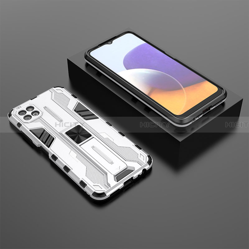 Silikon Hülle Handyhülle und Kunststoff Schutzhülle Hartschalen Tasche mit Magnetisch Ständer T02 für Samsung Galaxy A22 5G Weiß