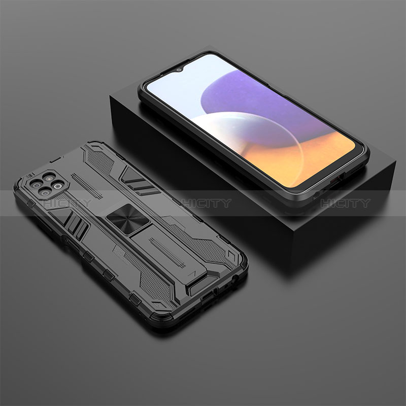 Silikon Hülle Handyhülle und Kunststoff Schutzhülle Hartschalen Tasche mit Magnetisch Ständer T02 für Samsung Galaxy A22s 5G Schwarz Plus