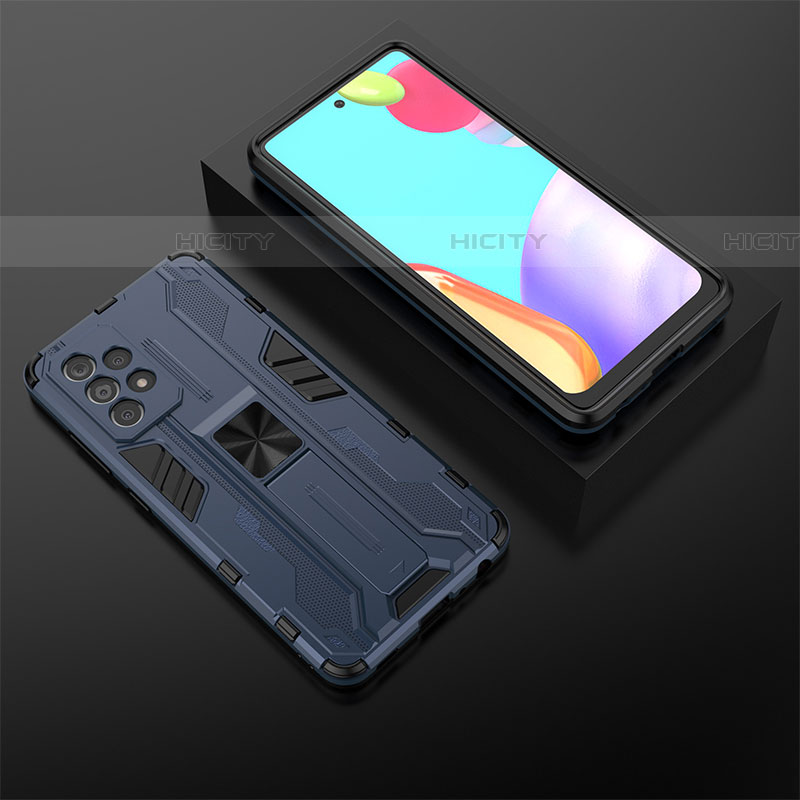 Silikon Hülle Handyhülle und Kunststoff Schutzhülle Hartschalen Tasche mit Magnetisch Ständer T02 für Samsung Galaxy A52 4G Blau Plus