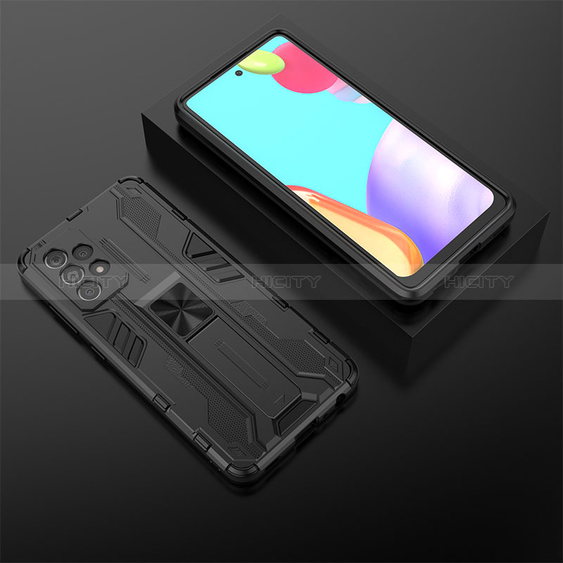 Silikon Hülle Handyhülle und Kunststoff Schutzhülle Hartschalen Tasche mit Magnetisch Ständer T02 für Samsung Galaxy A52s 5G Schwarz