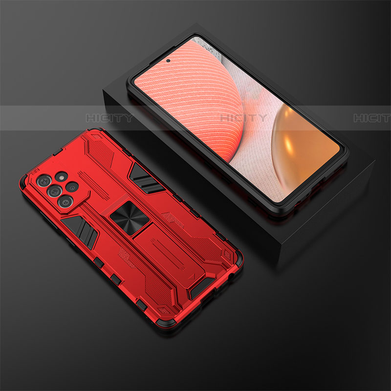 Silikon Hülle Handyhülle und Kunststoff Schutzhülle Hartschalen Tasche mit Magnetisch Ständer T02 für Samsung Galaxy A72 5G Rot Plus