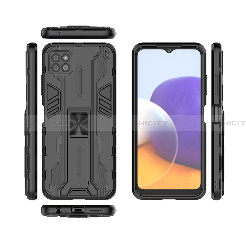 Silikon Hülle Handyhülle und Kunststoff Schutzhülle Hartschalen Tasche mit Magnetisch Ständer T03 für Samsung Galaxy A22 5G