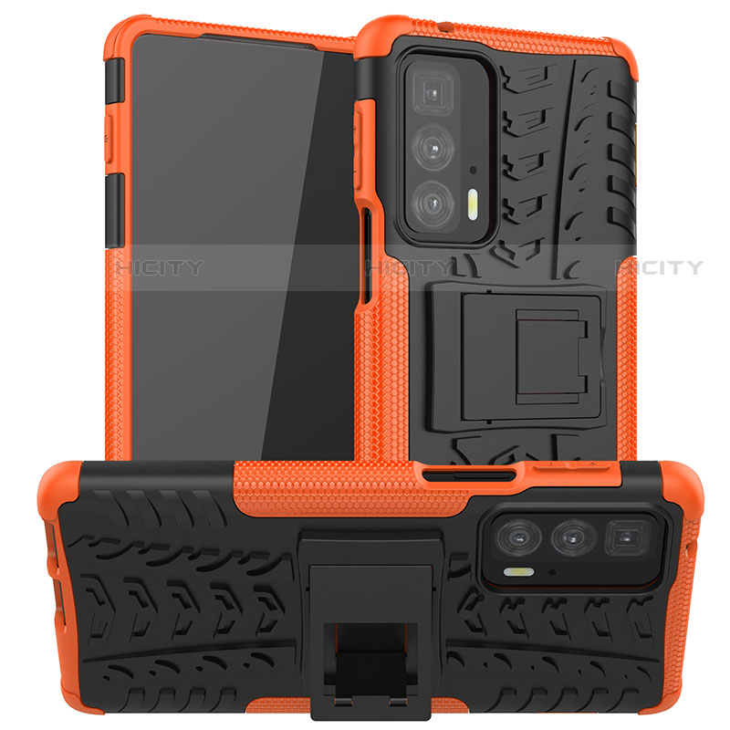 Silikon Hülle Handyhülle und Kunststoff Schutzhülle Hartschalen Tasche mit Ständer A01 für Motorola Moto Edge 20 Pro 5G Orange