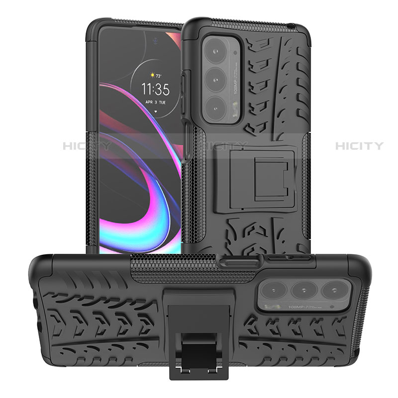 Silikon Hülle Handyhülle und Kunststoff Schutzhülle Hartschalen Tasche mit Ständer A01 für Motorola Moto Edge (2021) 5G Schwarz