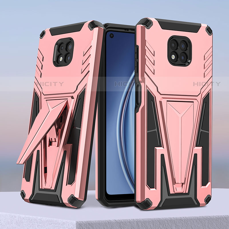 Silikon Hülle Handyhülle und Kunststoff Schutzhülle Hartschalen Tasche mit Ständer A01 für Motorola Moto G Power (2021) Rosegold