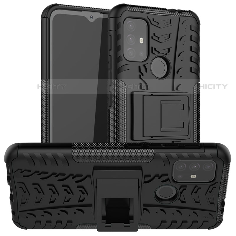 Silikon Hülle Handyhülle und Kunststoff Schutzhülle Hartschalen Tasche mit Ständer A01 für Motorola Moto G10 Schwarz