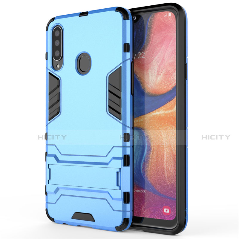 Silikon Hülle Handyhülle und Kunststoff Schutzhülle Hartschalen Tasche mit Ständer A01 für Samsung Galaxy A20s Hellblau