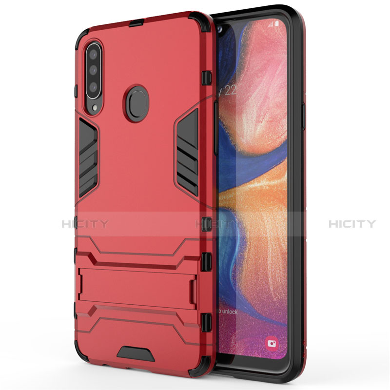 Silikon Hülle Handyhülle und Kunststoff Schutzhülle Hartschalen Tasche mit Ständer A01 für Samsung Galaxy A20s Rot