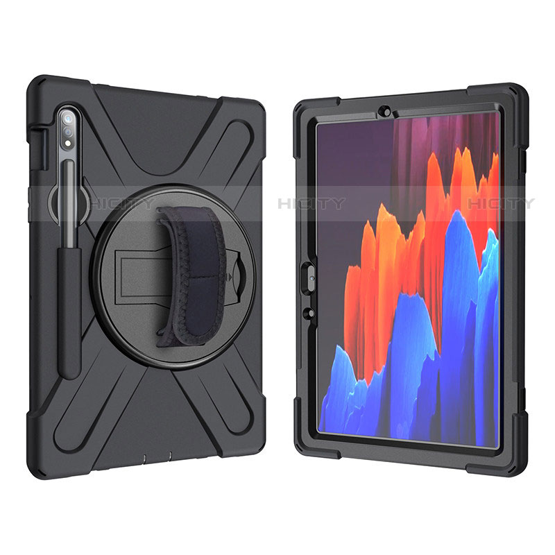 Silikon Hülle Handyhülle und Kunststoff Schutzhülle Hartschalen Tasche mit Ständer A01 für Samsung Galaxy Tab S7 11 Wi-Fi SM-T870 Schwarz