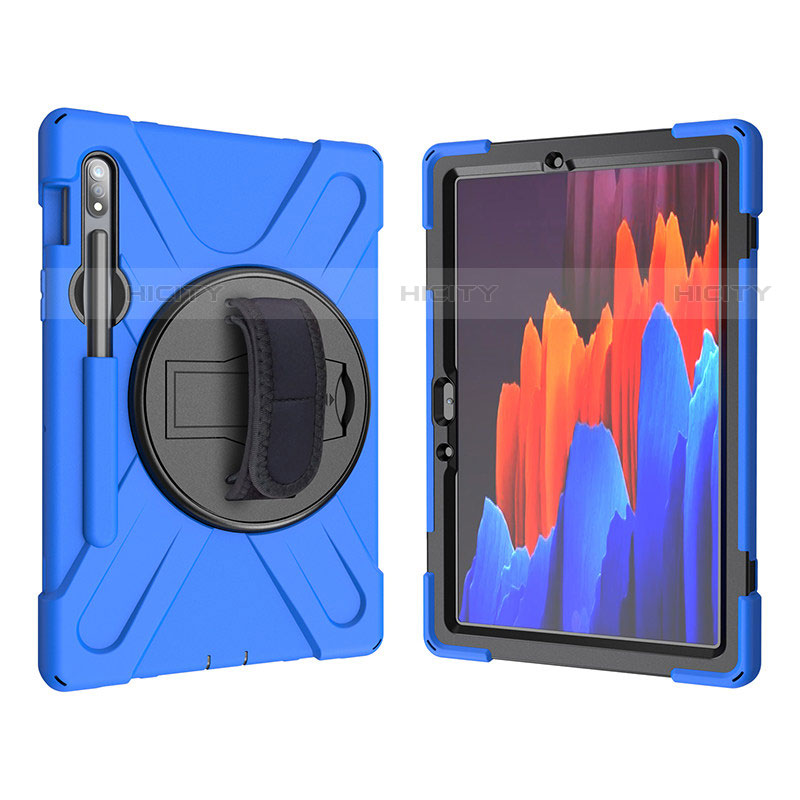 Silikon Hülle Handyhülle und Kunststoff Schutzhülle Hartschalen Tasche mit Ständer A01 für Samsung Galaxy Tab S7 4G 11 SM-T875 Blau