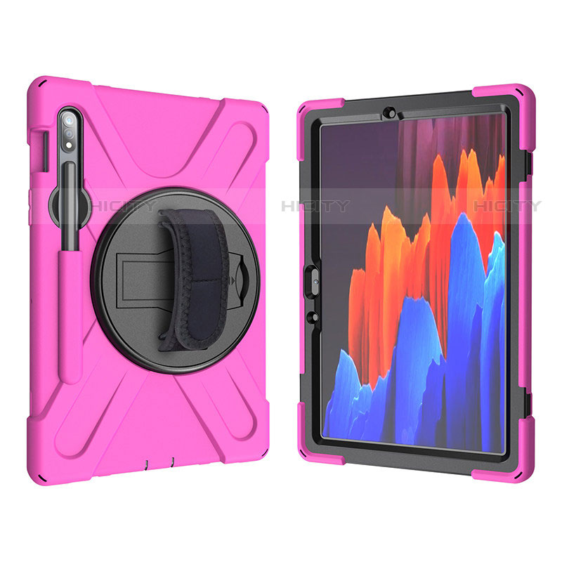 Silikon Hülle Handyhülle und Kunststoff Schutzhülle Hartschalen Tasche mit Ständer A01 für Samsung Galaxy Tab S7 4G 11 SM-T875 Pink Plus