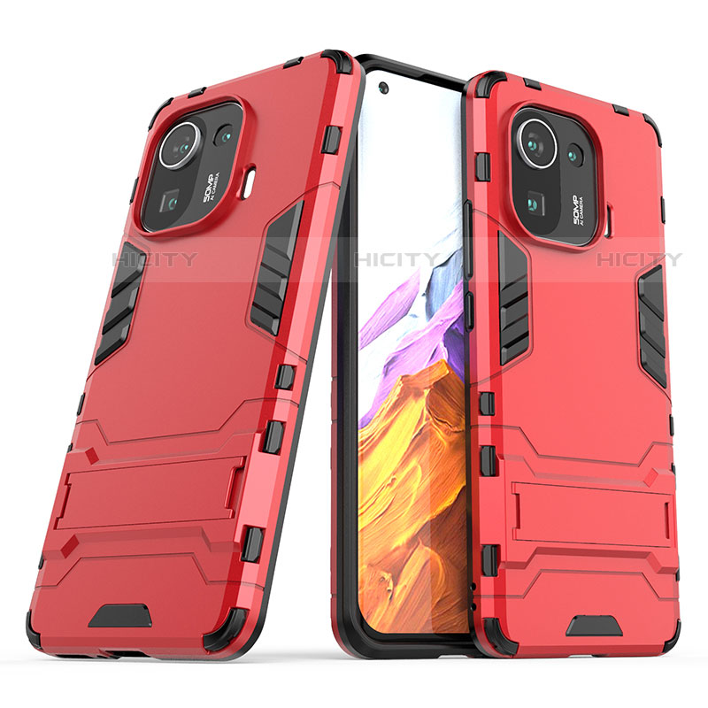 Silikon Hülle Handyhülle und Kunststoff Schutzhülle Hartschalen Tasche mit Ständer A01 für Xiaomi Mi 11 Pro 5G Rot