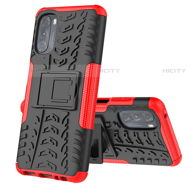 Silikon Hülle Handyhülle und Kunststoff Schutzhülle Hartschalen Tasche mit Ständer A02 für Motorola Moto G 5G (2022) Rot