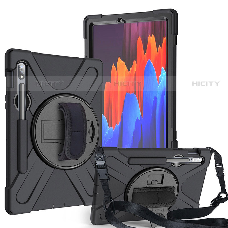 Silikon Hülle Handyhülle und Kunststoff Schutzhülle Hartschalen Tasche mit Ständer A02 für Samsung Galaxy Tab S7 11 Wi-Fi SM-T870 Schwarz