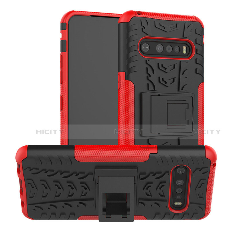 Silikon Hülle Handyhülle und Kunststoff Schutzhülle Hartschalen Tasche mit Ständer für LG V60 ThinQ 5G Rot