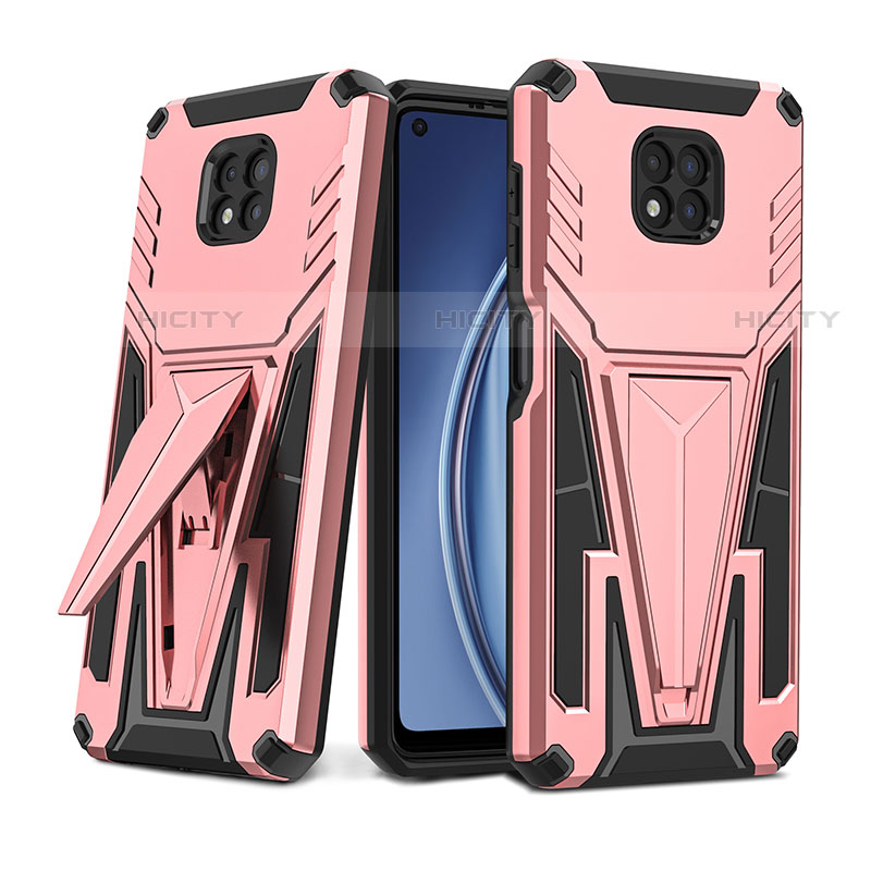 Silikon Hülle Handyhülle und Kunststoff Schutzhülle Hartschalen Tasche mit Ständer für Motorola Moto G Power (2021) Rosegold