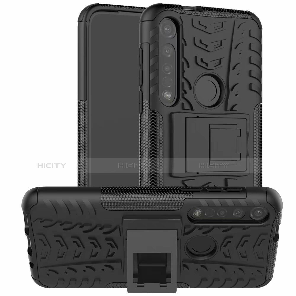 Silikon Hülle Handyhülle und Kunststoff Schutzhülle Hartschalen Tasche mit Ständer für Motorola Moto G8 Plus Schwarz