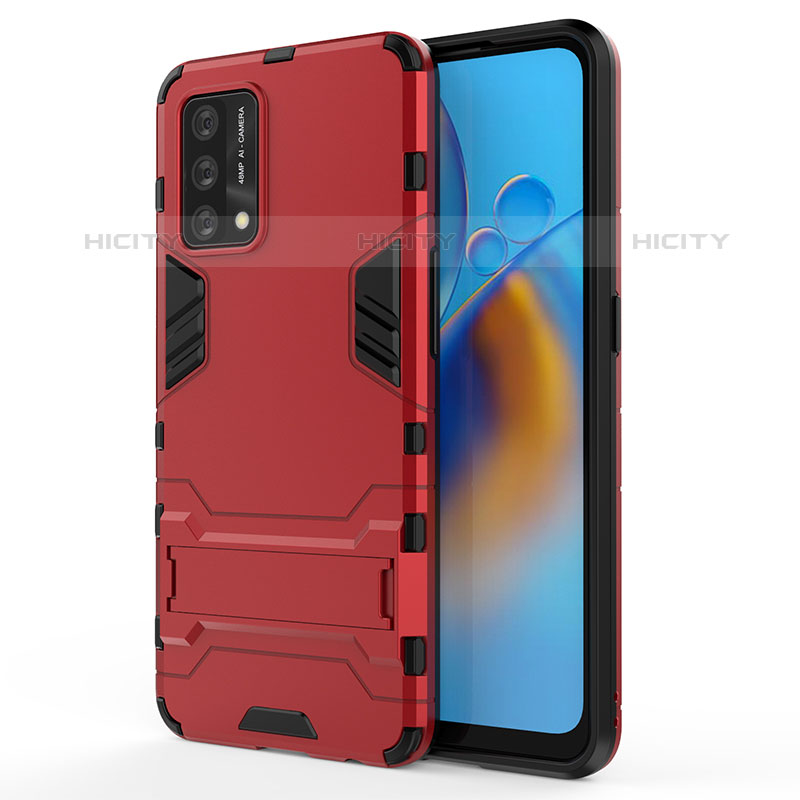 Silikon Hülle Handyhülle und Kunststoff Schutzhülle Hartschalen Tasche mit Ständer für Oppo A74 4G Rot Plus