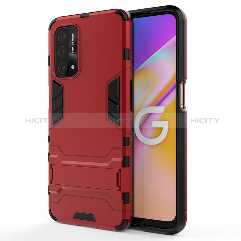 Silikon Hülle Handyhülle und Kunststoff Schutzhülle Hartschalen Tasche mit Ständer für Oppo A74 5G Rot Plus