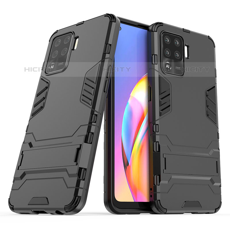 Silikon Hülle Handyhülle und Kunststoff Schutzhülle Hartschalen Tasche mit Ständer für Oppo A94 4G Schwarz