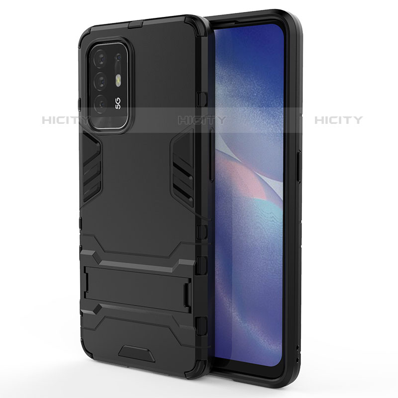 Silikon Hülle Handyhülle und Kunststoff Schutzhülle Hartschalen Tasche mit Ständer für Oppo A94 5G Schwarz