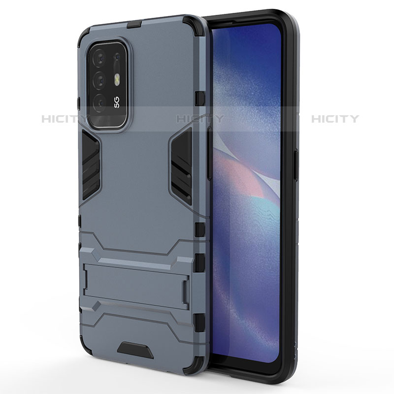 Silikon Hülle Handyhülle und Kunststoff Schutzhülle Hartschalen Tasche mit Ständer für Oppo F19 Pro+ Plus 5G Blau