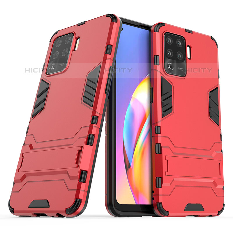 Silikon Hülle Handyhülle und Kunststoff Schutzhülle Hartschalen Tasche mit Ständer für Oppo F19 Pro Rot Plus