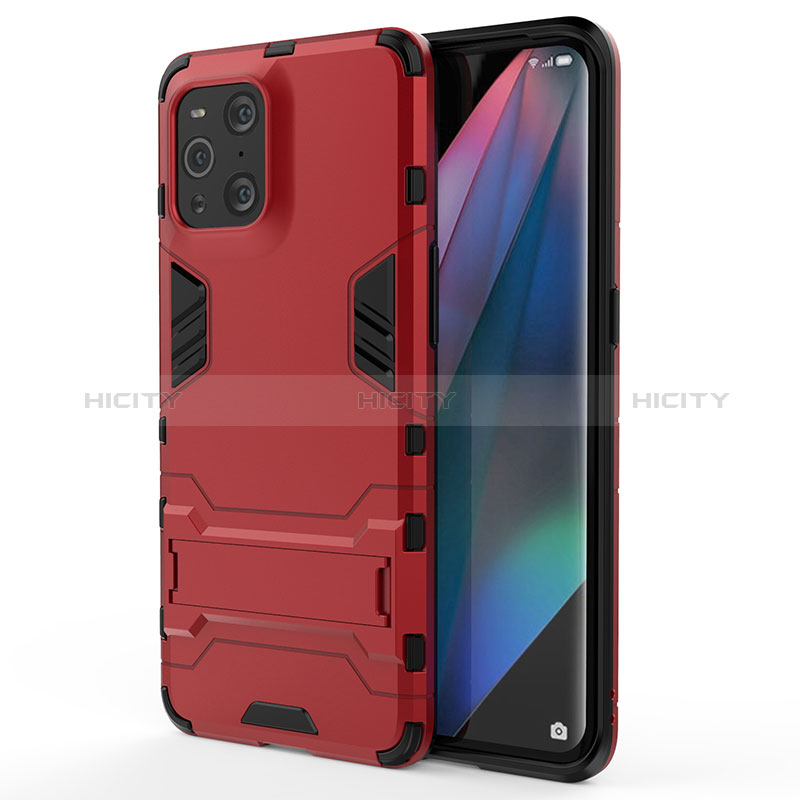 Silikon Hülle Handyhülle und Kunststoff Schutzhülle Hartschalen Tasche mit Ständer für Oppo Find X3 5G Rot