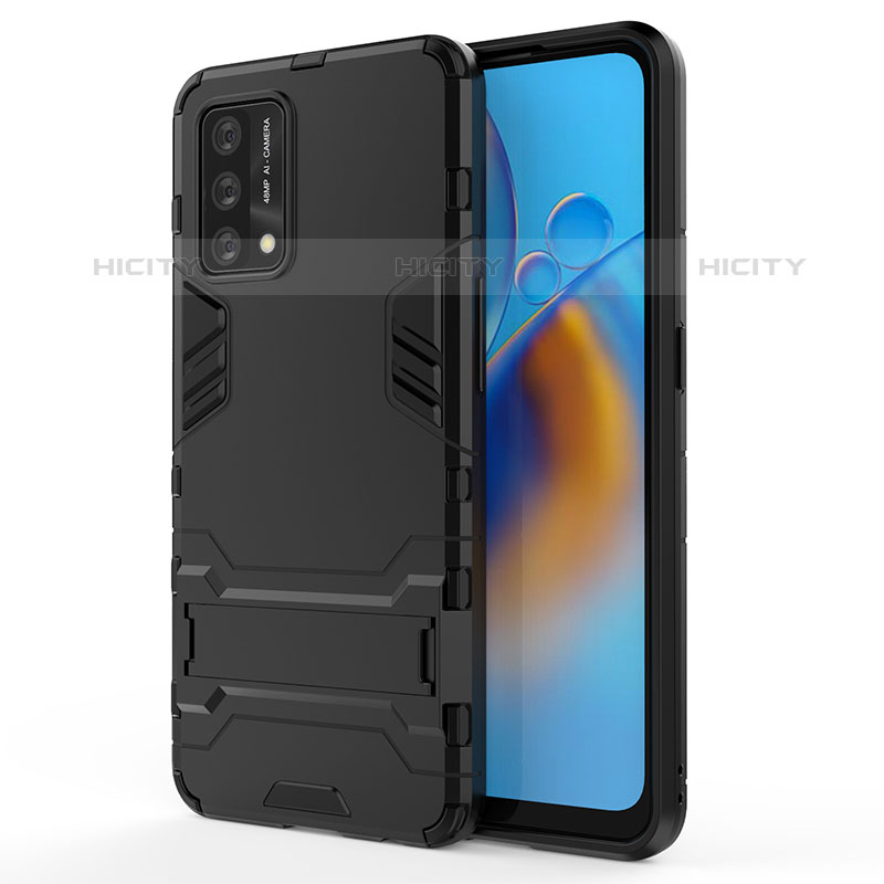 Silikon Hülle Handyhülle und Kunststoff Schutzhülle Hartschalen Tasche mit Ständer für Oppo Reno6 Lite Schwarz