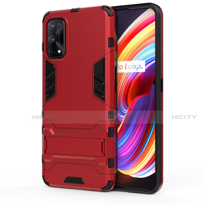 Silikon Hülle Handyhülle und Kunststoff Schutzhülle Hartschalen Tasche mit Ständer für Realme 7 Pro Rot