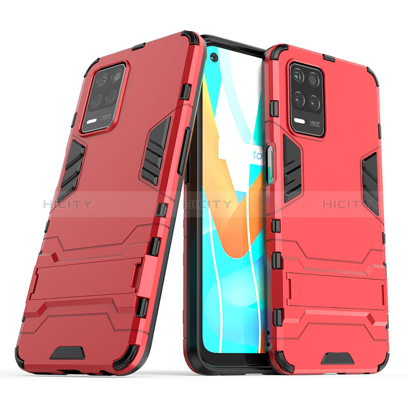 Silikon Hülle Handyhülle und Kunststoff Schutzhülle Hartschalen Tasche mit Ständer für Realme 8s 5G Rot