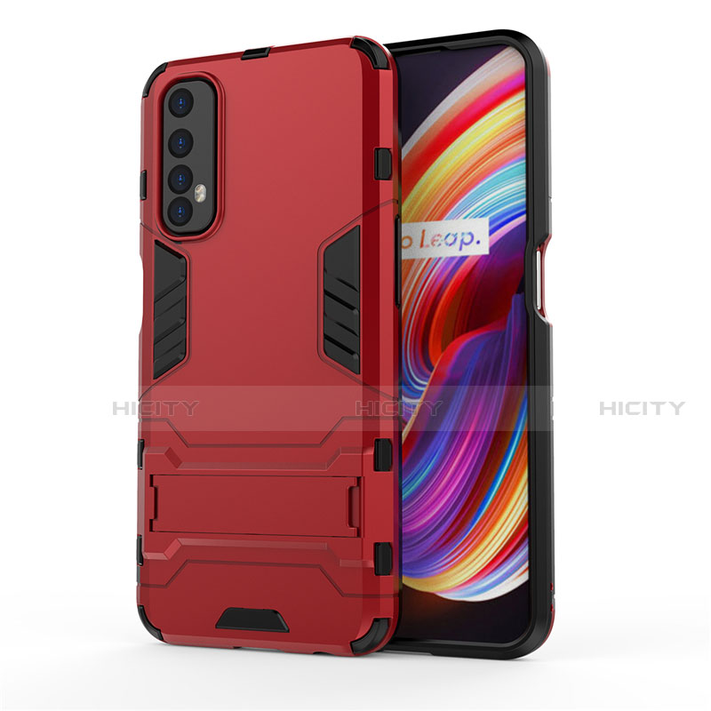 Silikon Hülle Handyhülle und Kunststoff Schutzhülle Hartschalen Tasche mit Ständer für Realme Narzo 20 Pro Rot