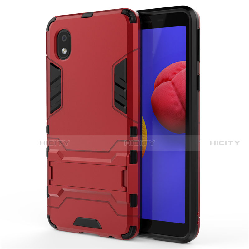 Silikon Hülle Handyhülle und Kunststoff Schutzhülle Hartschalen Tasche mit Ständer für Samsung Galaxy A01 Core Rot Plus