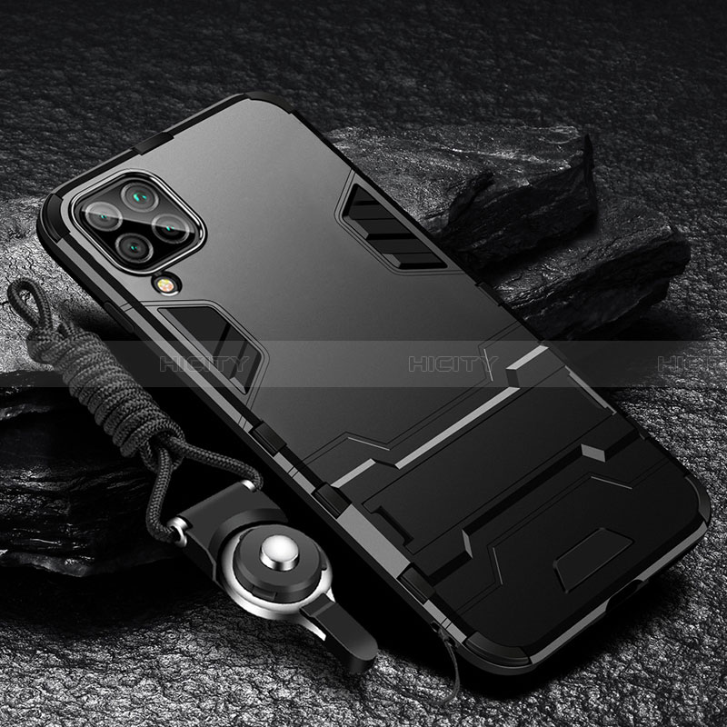 Silikon Hülle Handyhülle und Kunststoff Schutzhülle Hartschalen Tasche mit Ständer für Samsung Galaxy A22 4G Schwarz