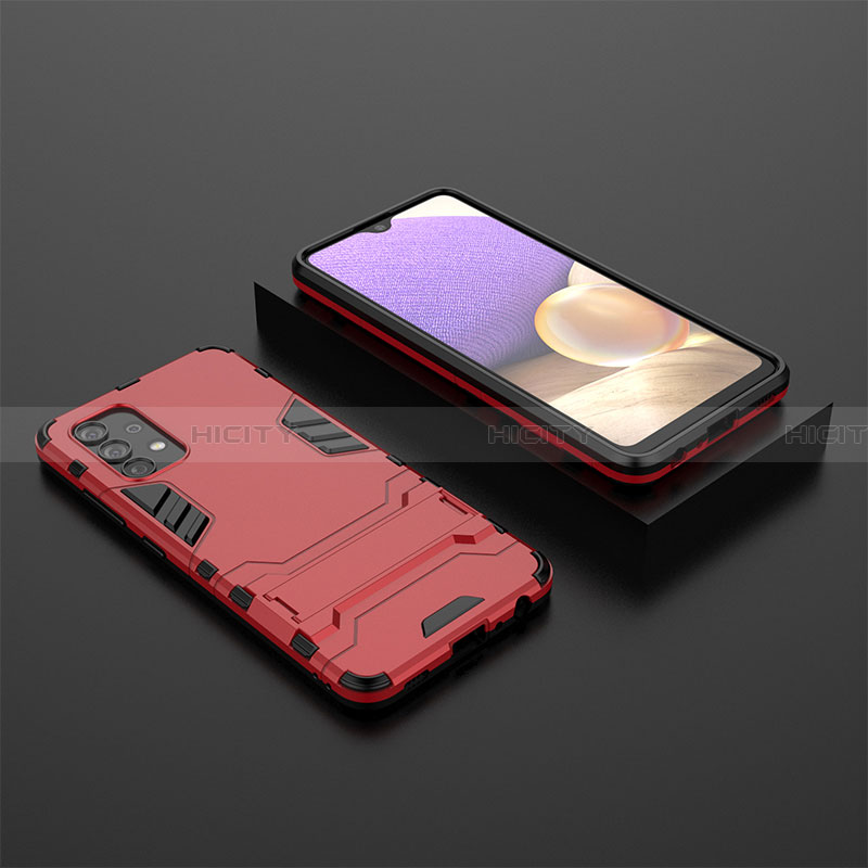 Silikon Hülle Handyhülle und Kunststoff Schutzhülle Hartschalen Tasche mit Ständer für Samsung Galaxy A32 4G Rot