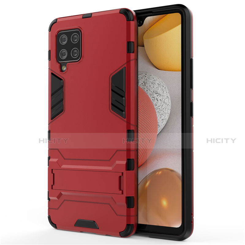 Silikon Hülle Handyhülle und Kunststoff Schutzhülle Hartschalen Tasche mit Ständer für Samsung Galaxy A42 5G Rot Plus